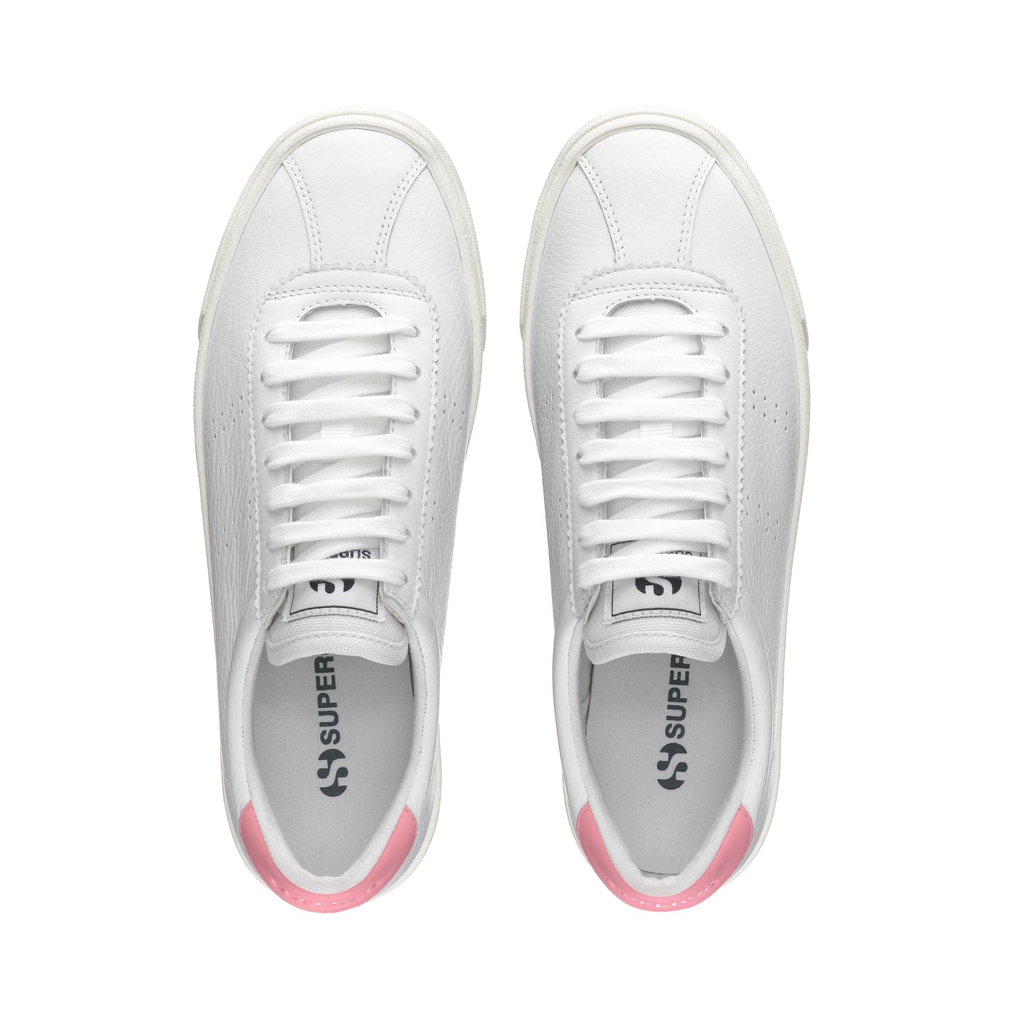 White leather shoes with pink detail and cream platform rubber outer sole top view