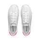White leather shoes with pink detail and cream platform rubber outer sole top view