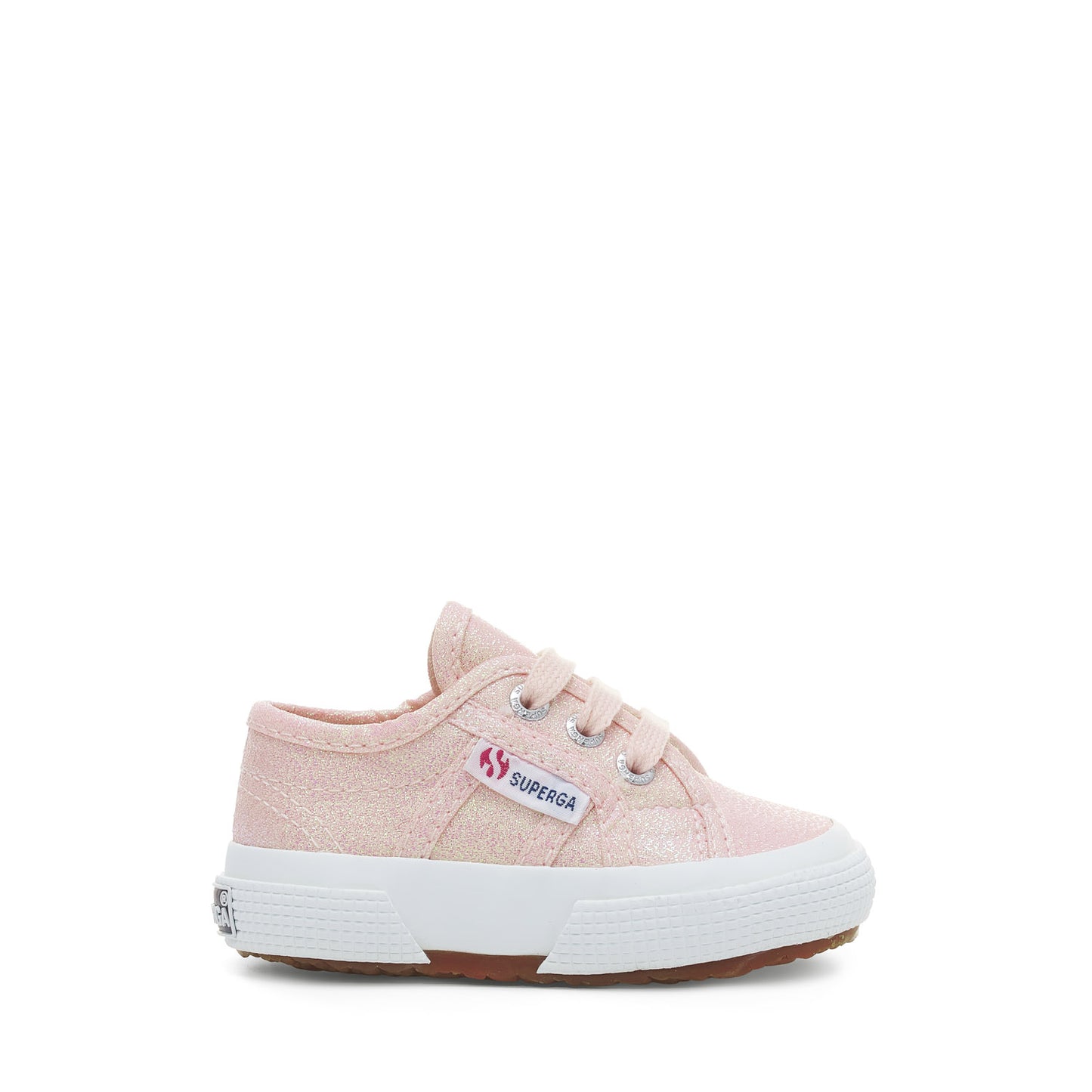 baby Superga shoe in pastel peach colour and white rubber sole