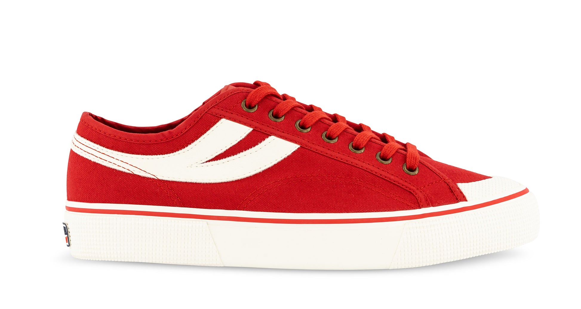 red canvas Superga shoe with rubber outer and white stripe