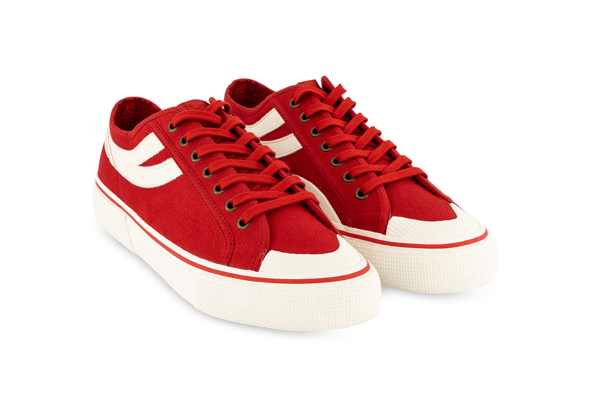 pair of red Superga shoes with rubber outer and white stripes