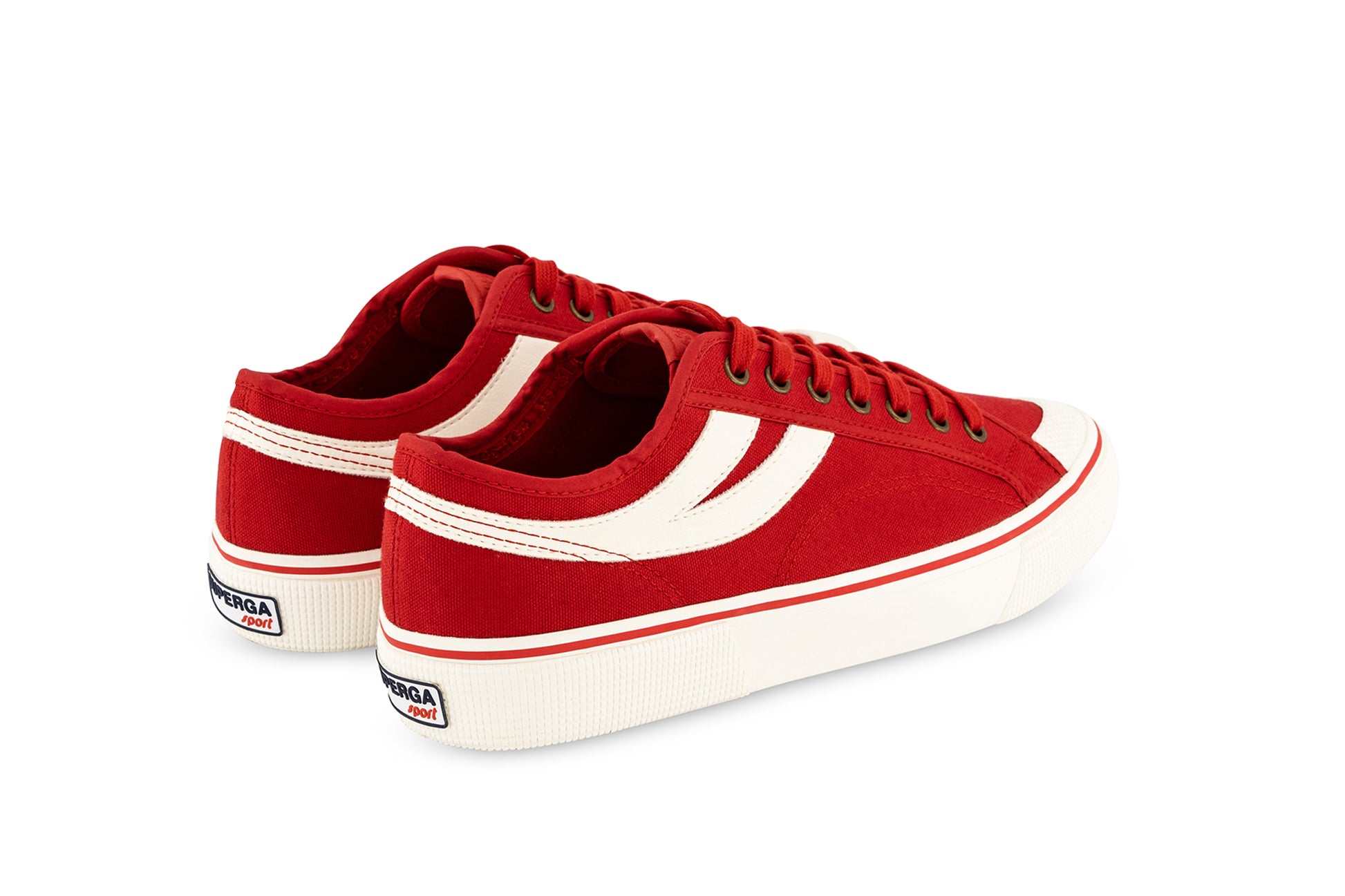 pair of red Superga shoes with rubber outer and white stripes back angle