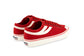 pair of red Superga shoes with rubber outer and white stripes back angle