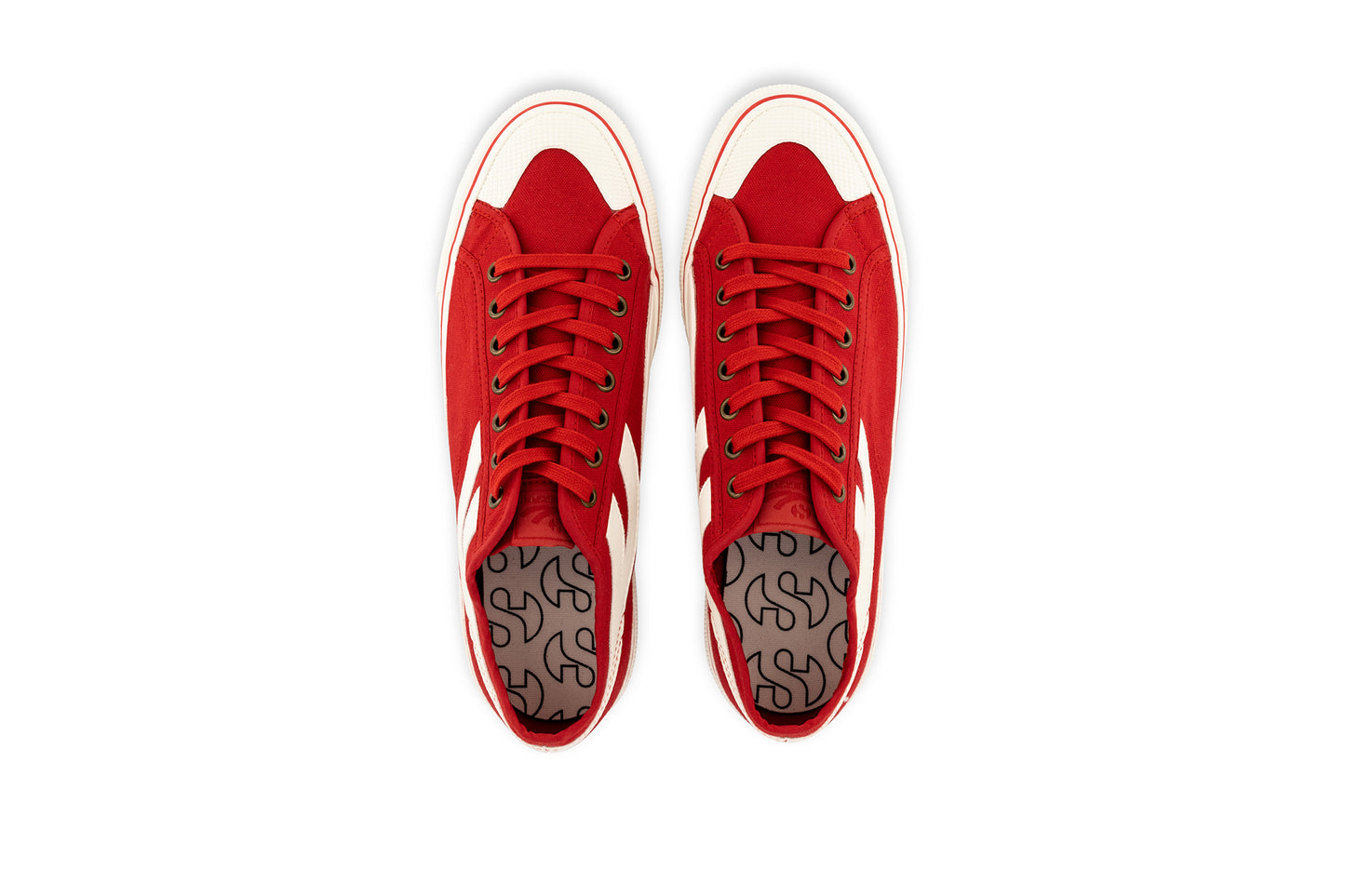 pair of red Superga shoes with rubber outer and white stripes top view